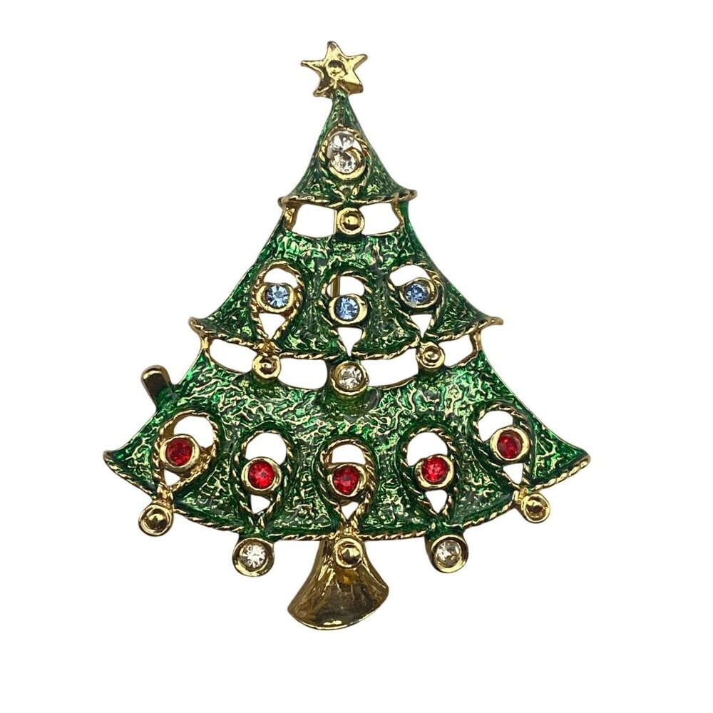 Vintage Gold Green Christmas Tree Brooch Rhinestone Ornaments Star Topper